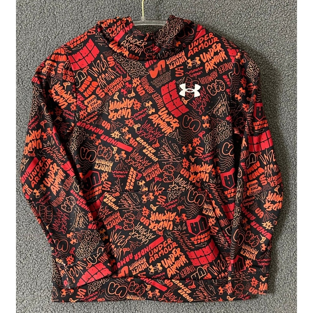 Under Armour Boys Hoodie Medium YMD Black Orange Graffiti Logo Fleece Pullover